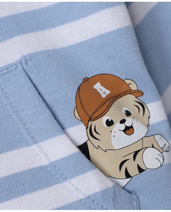 Babyhug 100% Cotton Knit Front Open Heavy Gauge Striped Hooded Sweatshirt with Full Sleeves and Tiger Patch - Light Blue