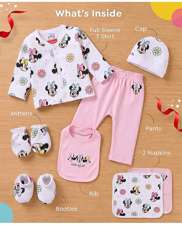 Babyhug Disney 100% Cotton Gift Set With Minnie Mouse Graphic - White