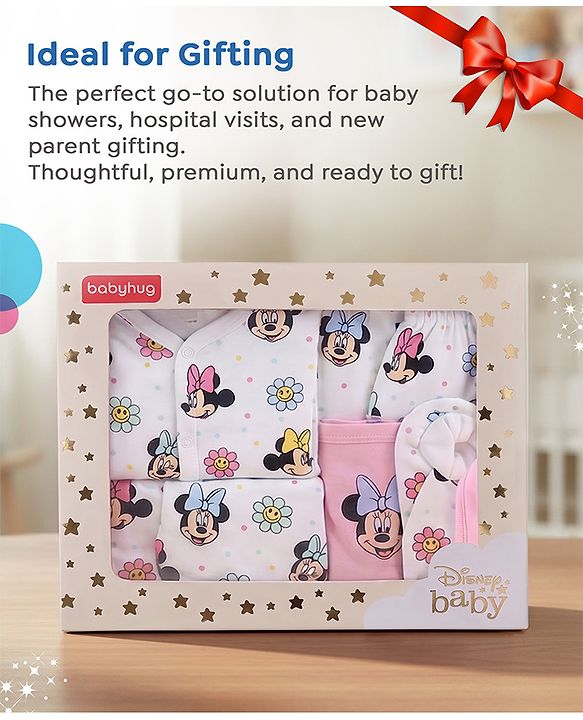 Babyhug Disney 100% Cotton Gift Set With Minnie Mouse Graphic - White