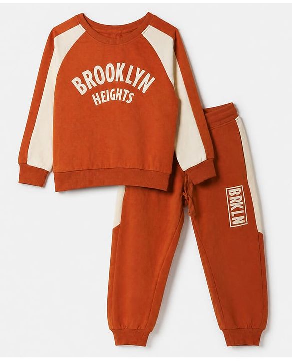 Pine Kids Looper Knit Full Sleeves Winter Wear Suit With Text Print - Light Brown