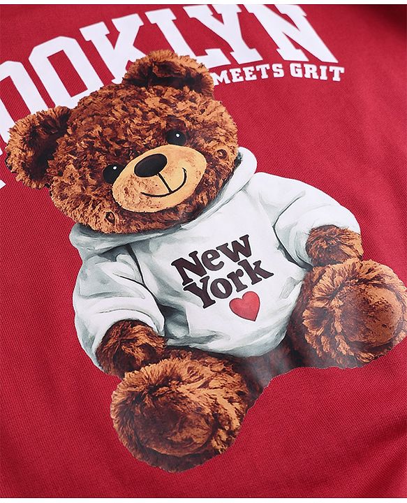Pine Kids Cotton Mixes Looper Knit Full Sleeves Sweatshirt and Jogger Set with Bear Print -Maroon & Black
