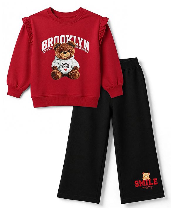 Pine Kids Cotton Mixes Looper Knit Full Sleeves Sweatshirt and Jogger Set with Bear Print -Maroon & Black