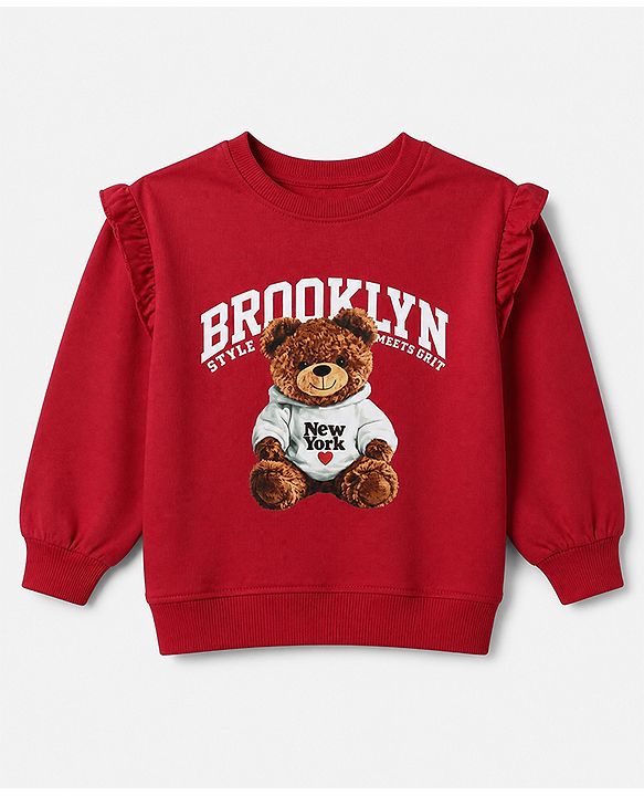 Pine Kids Cotton Mixes Looper Knit Full Sleeves Sweatshirt and Jogger Set with Bear Print -Maroon & Black