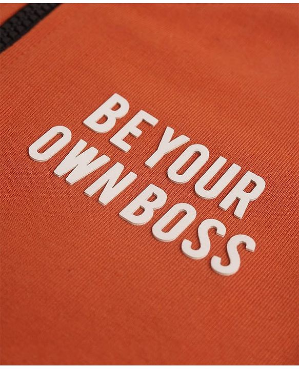 Pine Kids Cotton Knit Full Sleeves Winter Wear Suits with Be Your Own Boss Print -Dark Orange