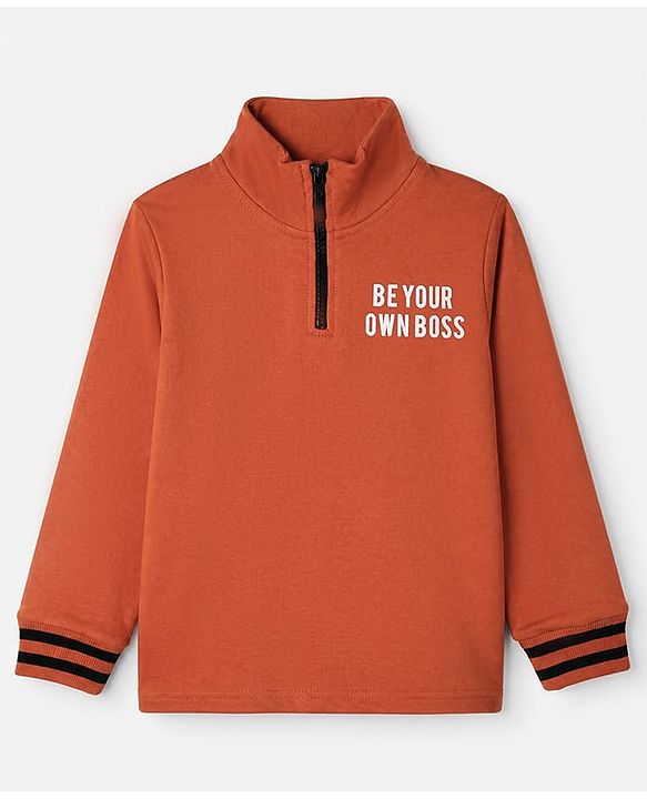 Pine Kids Cotton Knit Full Sleeves Winter Wear Suits with Be Your Own Boss Print -Dark Orange
