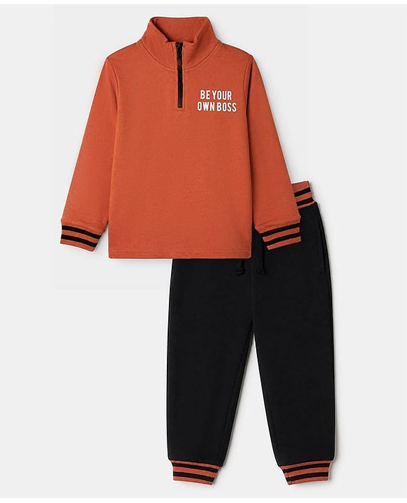 Pine Kids Cotton Knit Full Sleeves Winter Wear Suits with Be Your Own Boss Print -Dark Orange