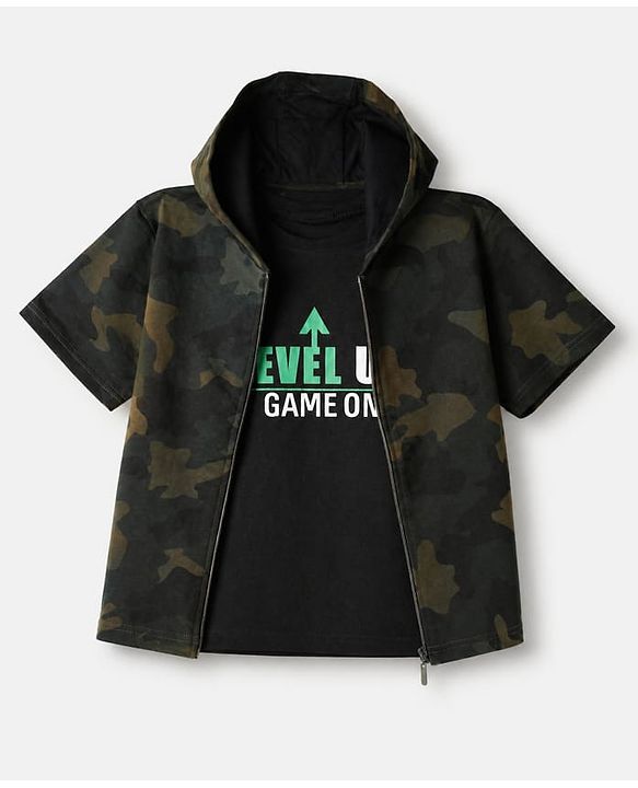 Pine Kids Looper Knit Half Sleeves Hooded Jacket & Joggers Set With Camouflage Print & Inner Tee - Black