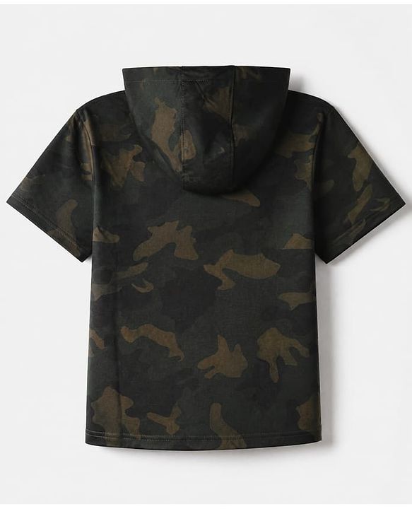 Pine Kids Looper Knit Half Sleeves Hooded Jacket & Joggers Set With Camouflage Print & Inner Tee - Black