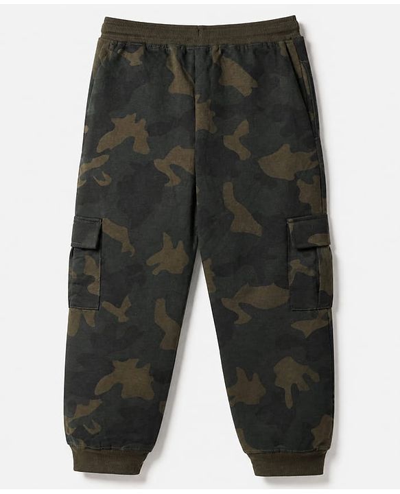 Pine Kids Looper Knit Half Sleeves Hooded Jacket & Joggers Set With Camouflage Print & Inner Tee - Black