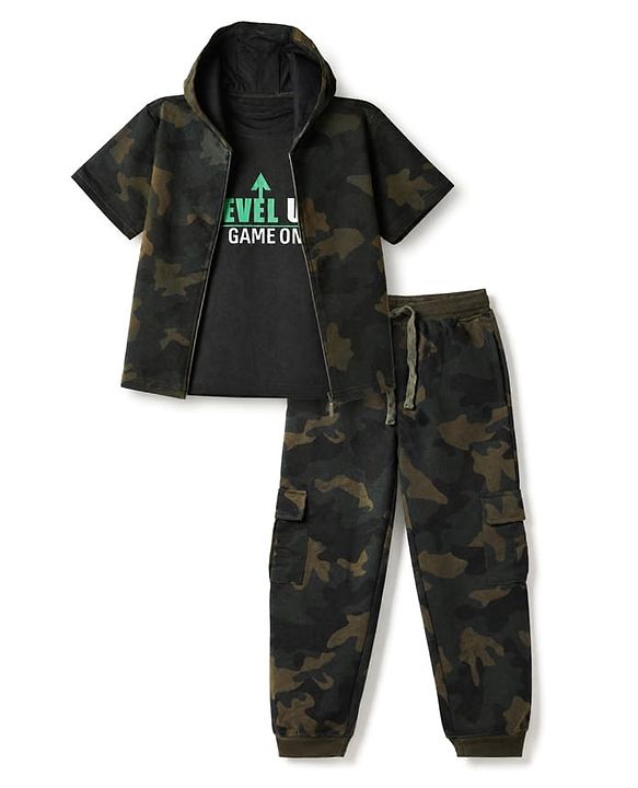 Pine Kids Looper Knit Half Sleeves Hooded Jacket & Joggers Set With Camouflage Print & Inner Tee - Black