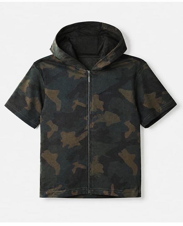 Pine Kids Looper Knit Half Sleeves Hooded Jacket & Joggers Set With Camouflage Print & Inner Tee - Black
