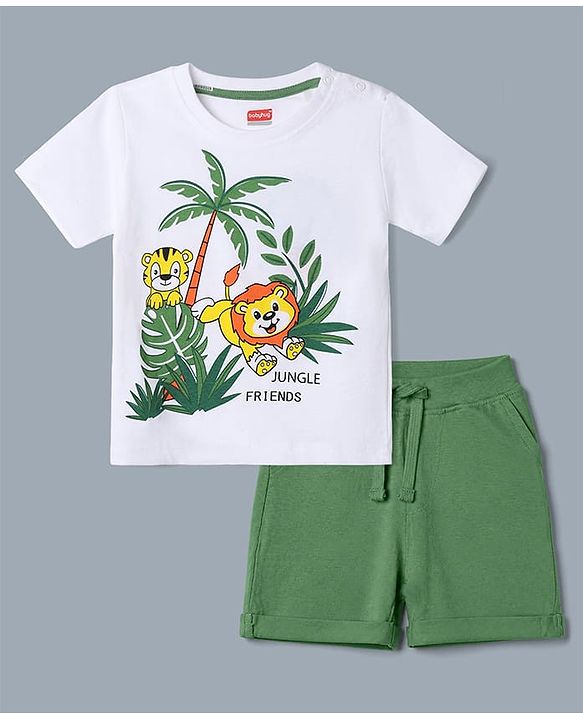 Babyhug 100% Cotton Single Jersey Knit Half Sleeves Printed T-Shirt & Shorts Set With Lion & Tree Print - White