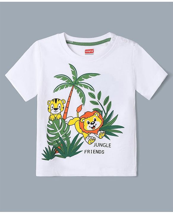Babyhug 100% Cotton Single Jersey Knit Half Sleeves Printed T-Shirt & Shorts Set With Lion & Tree Print - White