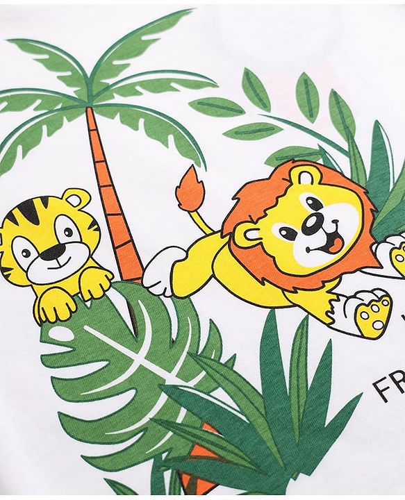 Babyhug 100% Cotton Single Jersey Knit Half Sleeves Printed T-Shirt & Shorts Set With Lion & Tree Print - White