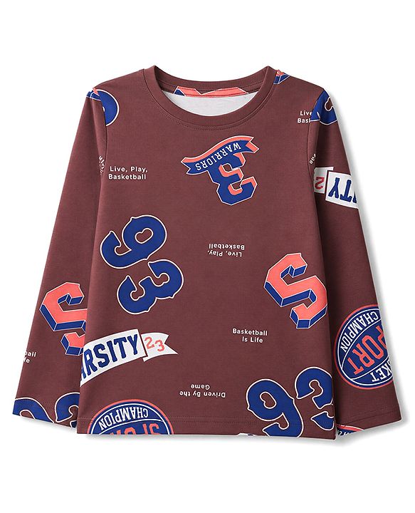 Pine Kids Cotton Knit Full Sleeves Co-Ords T-Shirt & Pyjama Night Suit with Sports Theme Print - Brown