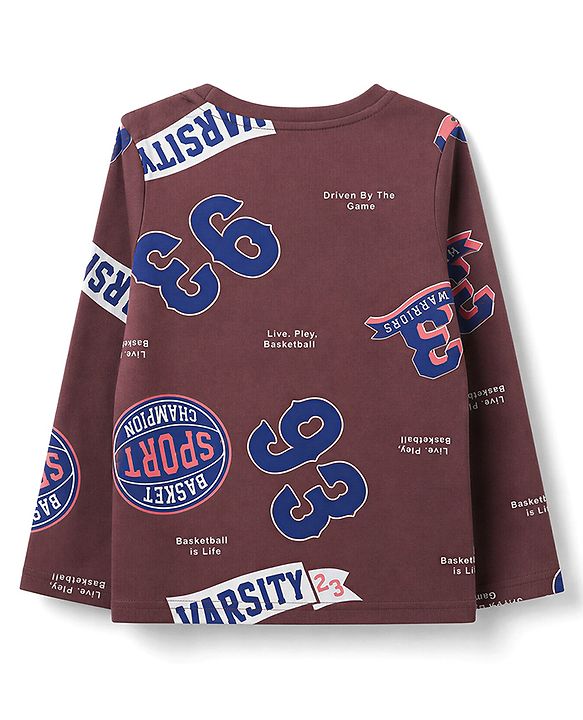 Pine Kids Cotton Knit Full Sleeves Co-Ords T-Shirt & Pyjama Night Suit with Sports Theme Print - Brown