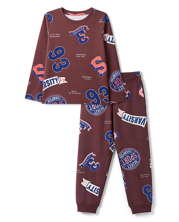 Pine Kids Cotton Knit Full Sleeves Co-Ords T-Shirt & Pyjama Night Suit with Sports Theme Print - Brown