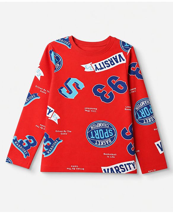 Pine Kids Cotton Knit Full Sleeves Co-Ords T-Shirt & Pyjama Night Suit with Sports Theme Print - Red