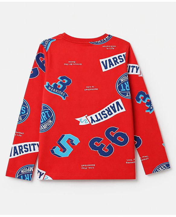 Pine Kids Cotton Knit Full Sleeves Co-Ords T-Shirt & Pyjama Night Suit with Sports Theme Print - Red