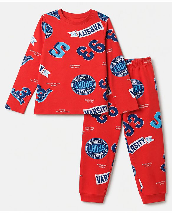 Pine Kids Cotton Knit Full Sleeves Co-Ords T-Shirt & Pyjama Night Suit with Sports Theme Print - Red