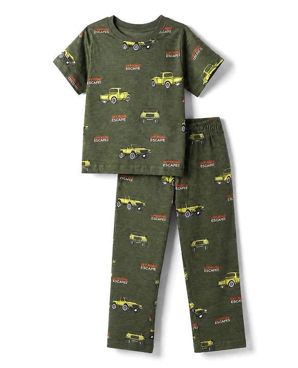 Pine Kids Cotton Knit Half Sleeves Co-Ords T-Shirt & Pyjama Night Suit with Vehicle Print - Olive Green