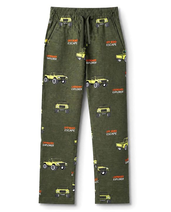 Pine Kids Cotton Knit Half Sleeves Co-Ords T-Shirt & Pyjama Night Suit with Vehicle Print - Olive Green