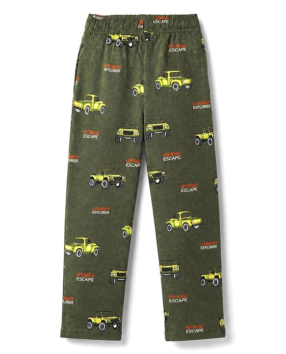 Pine Kids Cotton Knit Half Sleeves Co-Ords T-Shirt & Pyjama Night Suit with Vehicle Print - Olive Green