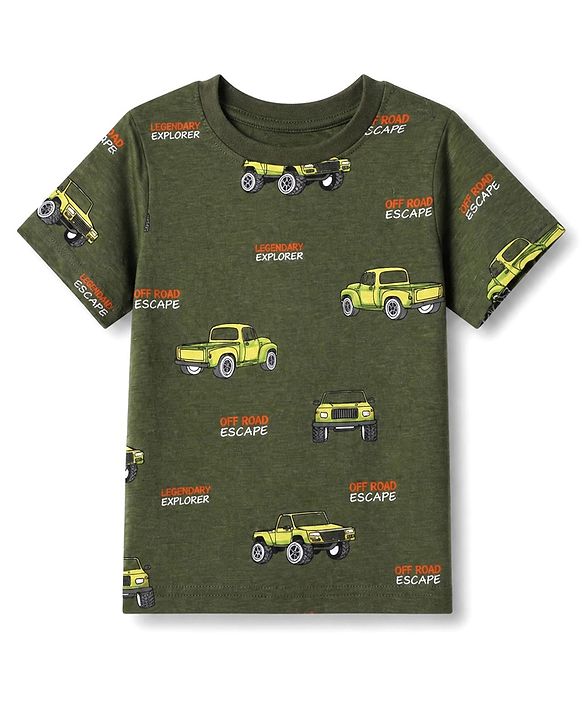 Pine Kids Cotton Knit Half Sleeves Co-Ords T-Shirt & Pyjama Night Suit with Vehicle Print - Olive Green