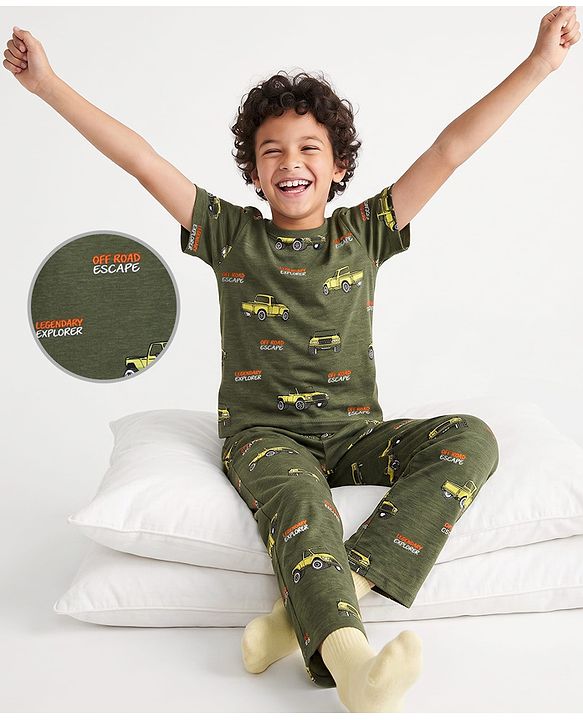 Pine Kids Cotton Knit Half Sleeves Co-Ords T-Shirt & Pyjama Night Suit with Vehicle Print - Olive Green