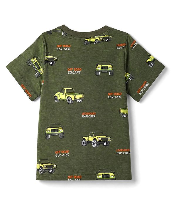 Pine Kids Cotton Knit Half Sleeves Co-Ords T-Shirt & Pyjama Night Suit with Vehicle Print - Olive Green