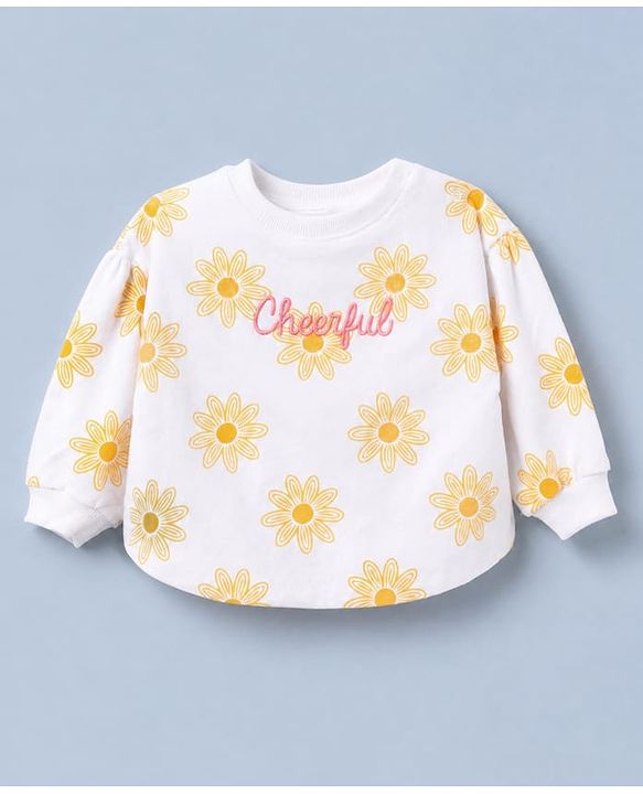 Babyhug 100% Cotton Knit Heavy Gauge Full Sleeves Sweatshirt with Floral & Text Print - White