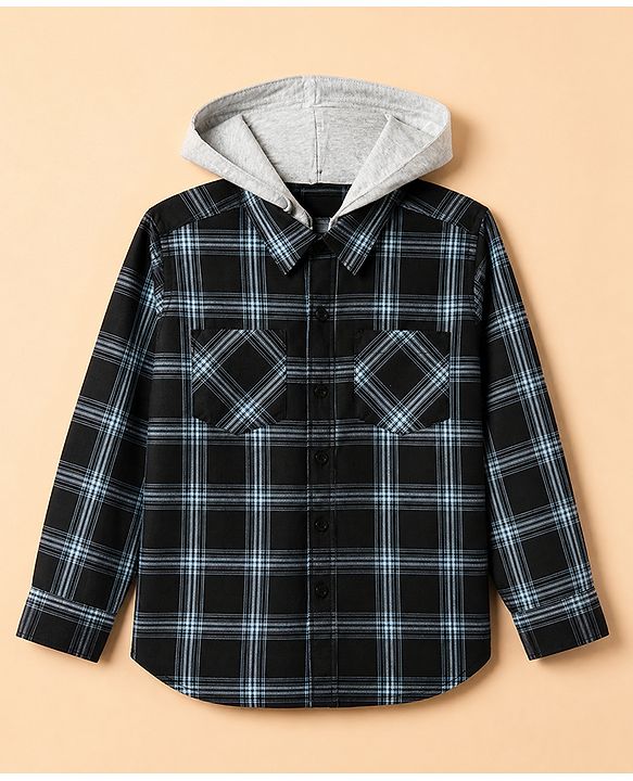Pine Kids Cotton Woven Hooded Shirt with Full Sleeves and Buffalo Checks Print in Blue