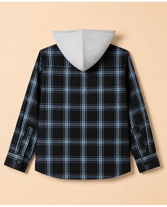 Pine Kids Cotton Woven Hooded Shirt with Full Sleeves and Buffalo Checks Print in Blue