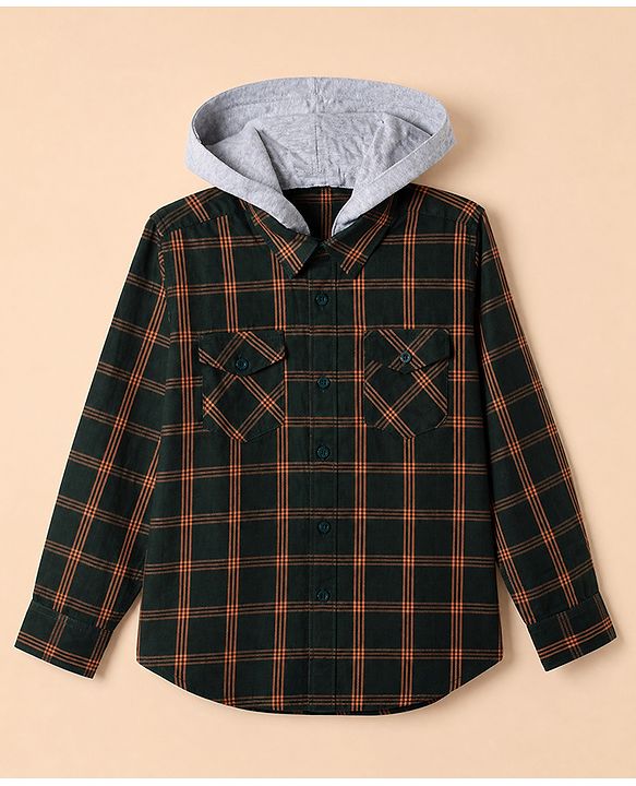 Pine Kids Cotton Woven Hooded Shirts with Full Sleeves in Olive Green