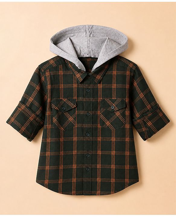 Pine Kids Cotton Woven Hooded Shirts with Full Sleeves in Olive Green