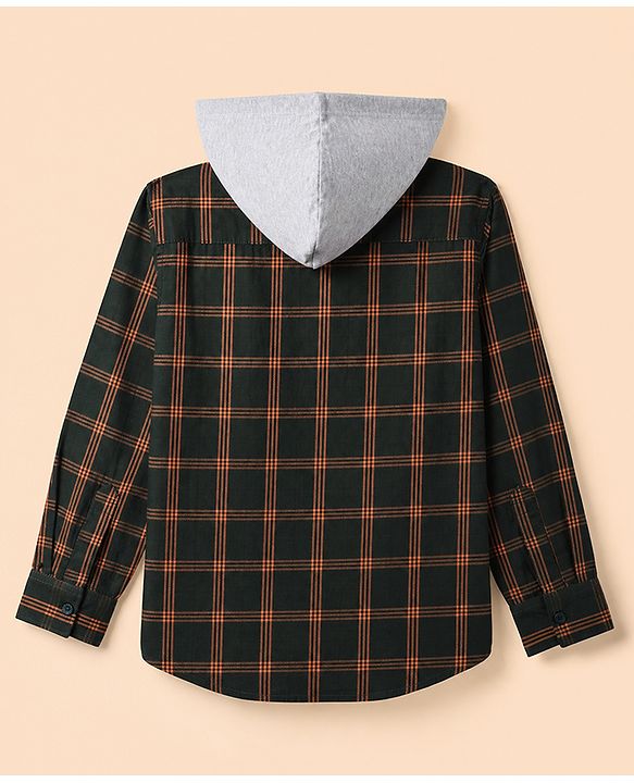 Pine Kids Cotton Woven Hooded Shirts with Full Sleeves in Olive Green