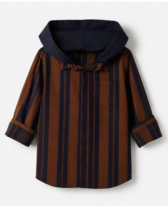 Pine Kids 100% Cotton Woven Hooded Shirts with Full Sleeves and Striped Print in Brown for 4-5 Years