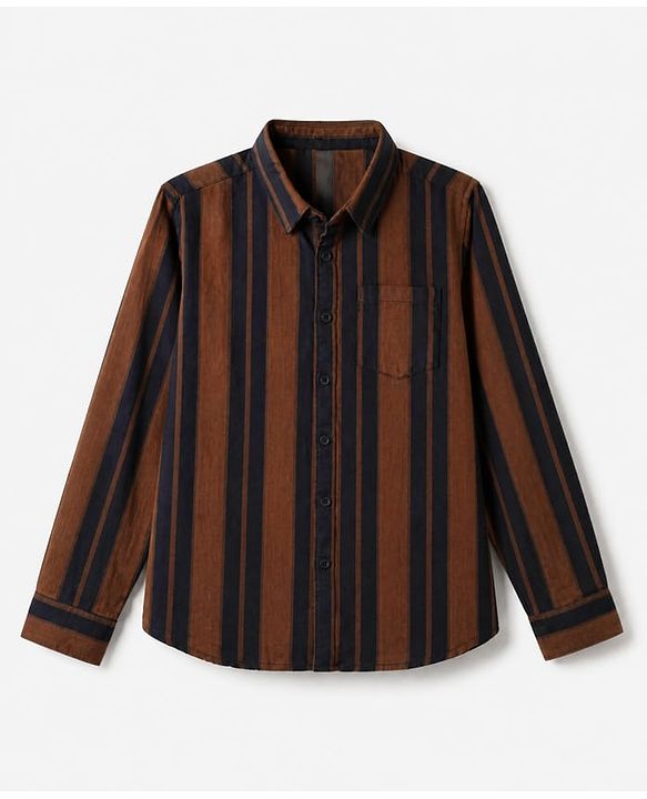 Pine Kids 100% Cotton Woven Hooded Shirts with Full Sleeves and Striped Print in Brown for 4-5 Years