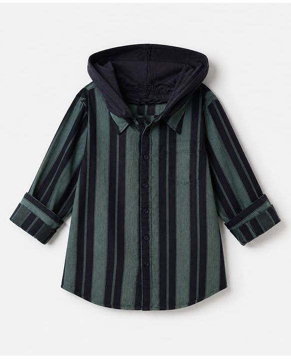 Pine Kids 100% Cotton Woven Hooded Shirts with Full Sleeves and Striped Print in Green for 4-5 Years