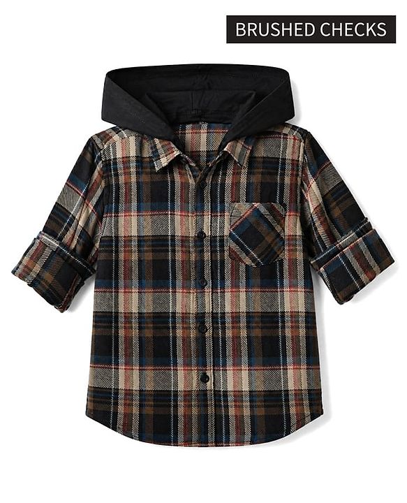 Pine Kids 100% Cotton Woven Hooded Shirt with Full Sleeves and Tartan Plaid Print in Brown