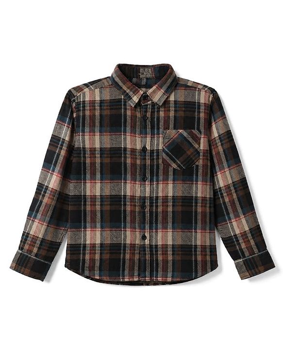 Pine Kids 100% Cotton Woven Hooded Shirt with Full Sleeves and Tartan Plaid Print in Brown