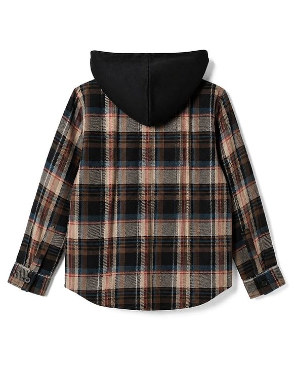 Pine Kids 100% Cotton Woven Hooded Shirt with Full Sleeves and Tartan Plaid Print in Brown