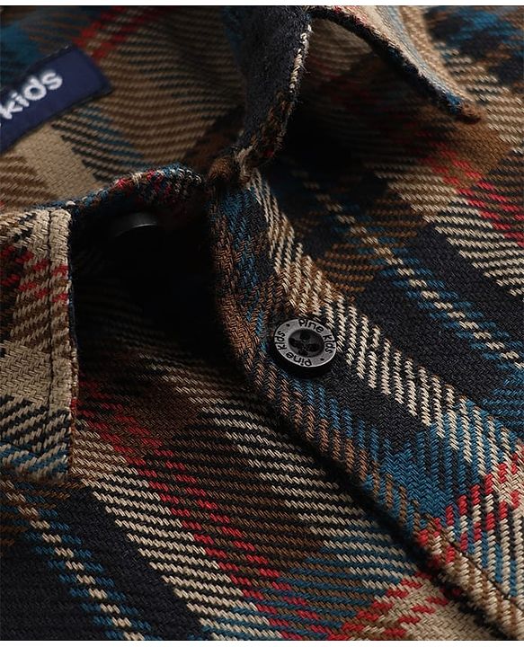 Pine Kids 100% Cotton Woven Hooded Shirt with Full Sleeves and Tartan Plaid Print in Brown