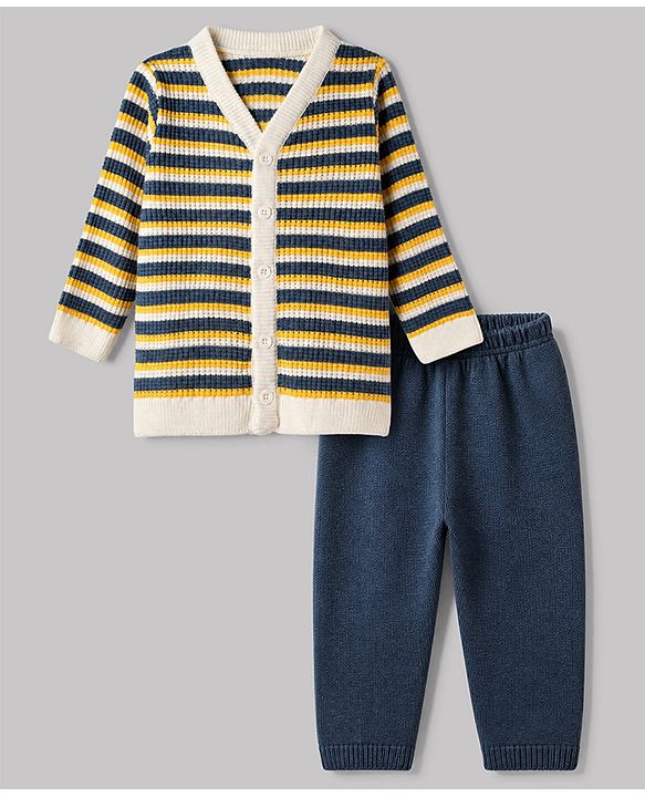 Babyhug Knit Cardigan and Pant with Full Sleeves and Striped Print in Navy Blue for 3-6 Months