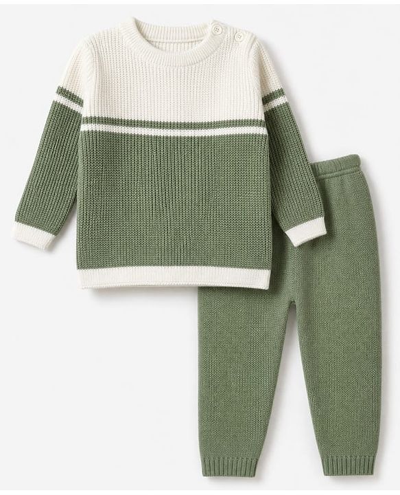 Babyhug Knit Full Sleeves Color Block Sweater Set - Green/White