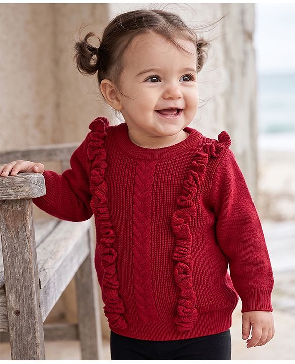 Babyhug Knit Full Sleeves Pullover with Cable Knit Design - Maroon