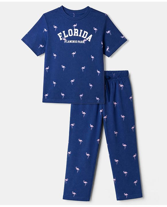 Pine Kids 100% Cotton Single Jersey 180 GSM Knit Half Sleeves Co-ord T-Shirt & Pyjama Night Suit with Florida Text & Flamingo Print with Bio Wash - Blue