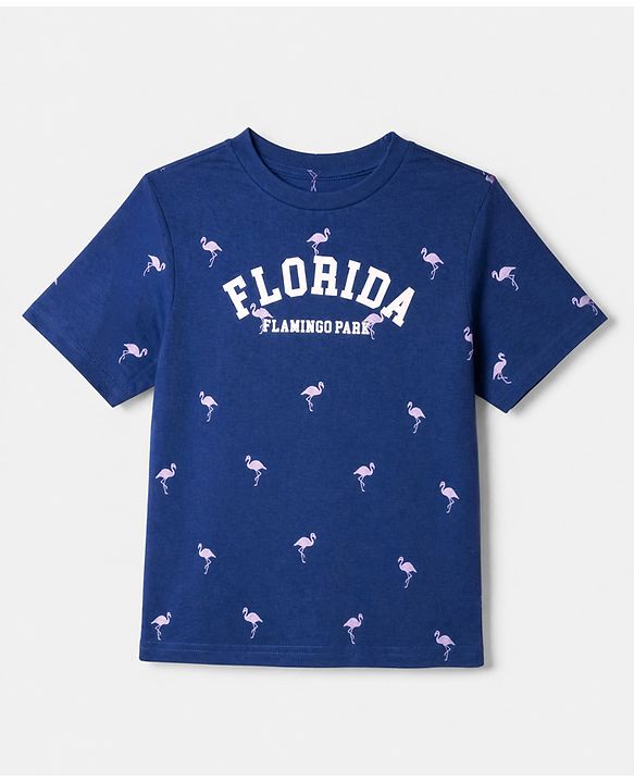 Pine Kids 100% Cotton Single Jersey 180 GSM Knit Half Sleeves Co-ord T-Shirt & Pyjama Night Suit with Florida Text & Flamingo Print with Bio Wash - Blue