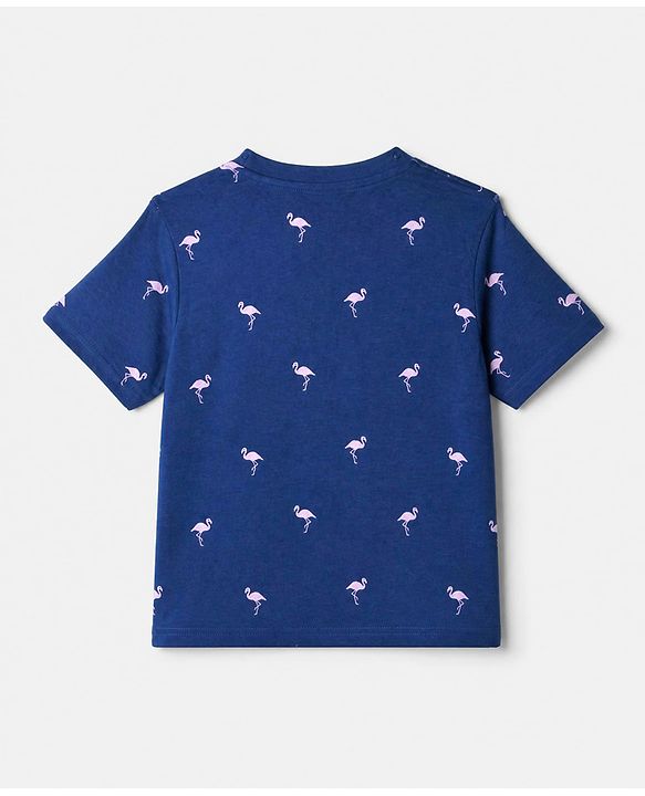 Pine Kids 100% Cotton Single Jersey 180 GSM Knit Half Sleeves Co-ord T-Shirt & Pyjama Night Suit with Florida Text & Flamingo Print with Bio Wash - Blue