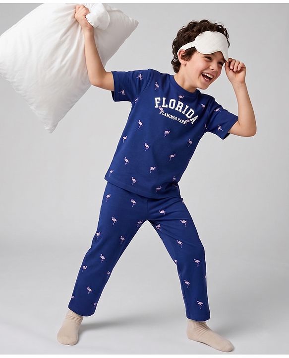 Pine Kids 100% Cotton Single Jersey 180 GSM Knit Half Sleeves Co-ord T-Shirt & Pyjama Night Suit with Florida Text & Flamingo Print with Bio Wash - Blue